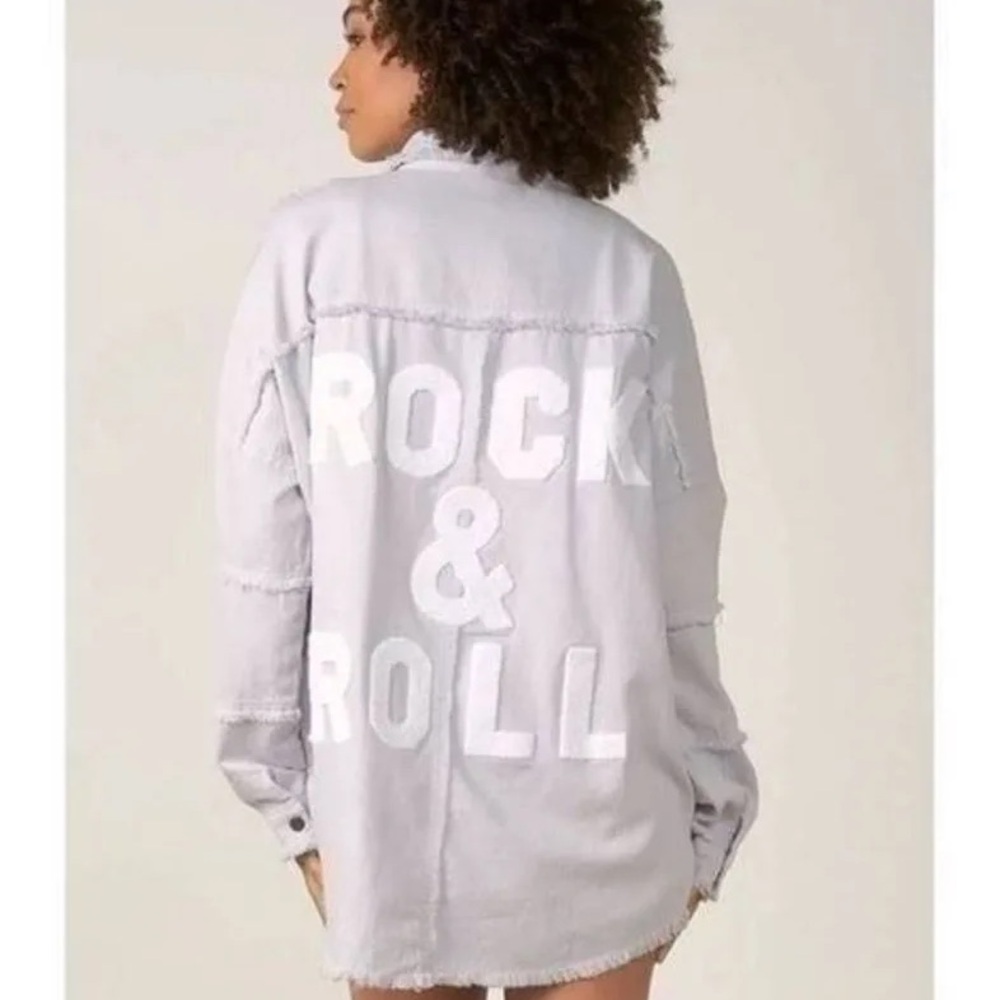 Elan Women's Gray Jean Jacket with Rock & Roll Design